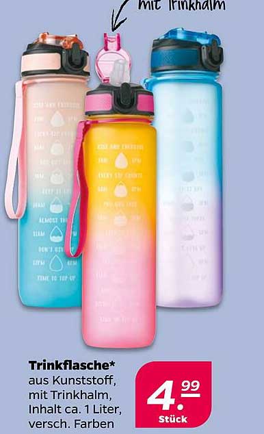 Trinkflasche* aus Kunststoff, mit Trinkhalm, Inhalt ca. 1 Liter, versch. Farben
