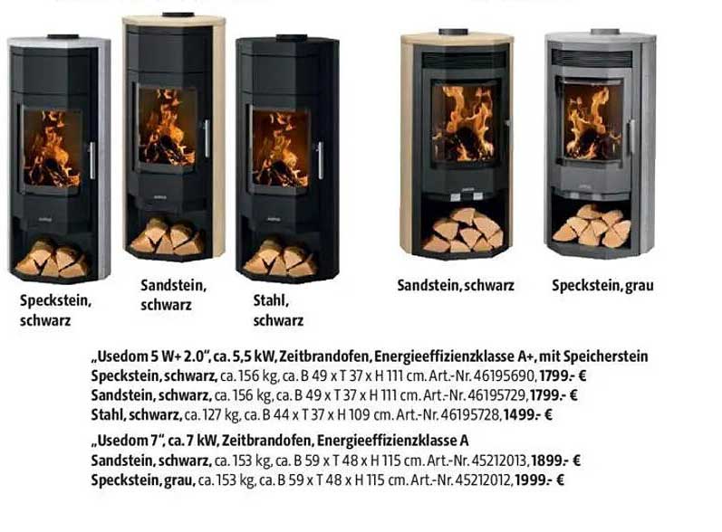 Usedom 5 W+ 2.0‘, ca. 5,5 kW, Zeitbrandofen, Energieeffizienzklasse A+, mit Speckstein - schwarz