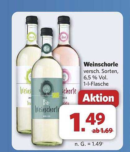 Weinschorle verschied. Sorten, 6,5 % Vol. 1-l-Flasche