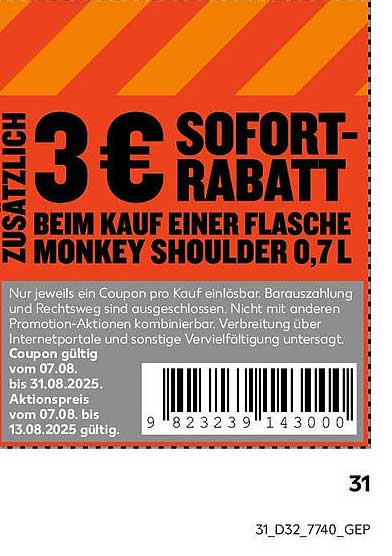 3 € Sofortrabatt beim Kauf einer Flasche Monkey Shoulder 0,7 L