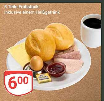 5 Teile Frühstück inklusive einem Heißgetränk