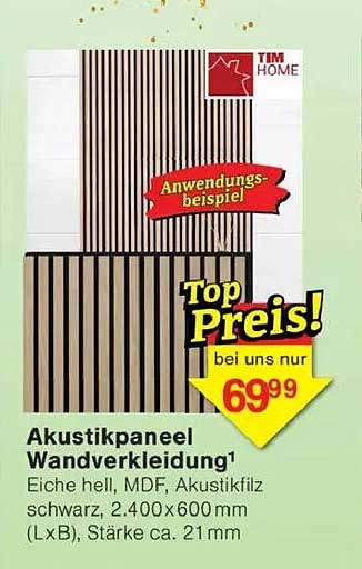 Akustikpaneel Wandverkleidung - Eiche hell, MDF, Akustikfilz schwarz