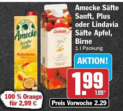 Amecke Säfte Sanft, Plus oder Lindavia Säfte Apfel, Birne 1 l Packung