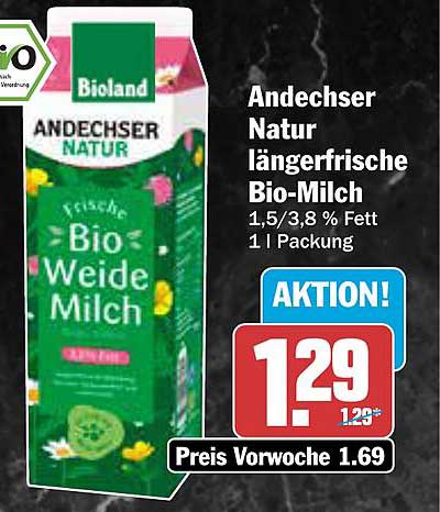 Andechser Natur längerfrische Bio-Milch 1,5/3,8 % Fett 1 l Packung