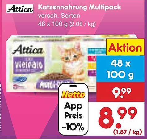 Attica Katzennahrung Multipack, verschiedene Sorten, 48 x 100 g