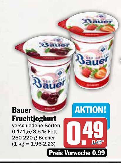 Bauer Fruchtjoghurt - verschiedene Sorten 0,1/1,5/3,5 % Fett 250-220 g Becher