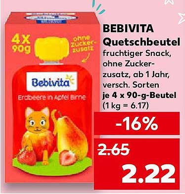 BEBIVITA Quetschbeutel Erdbeere in Apfel-Birne 4 x 90 g