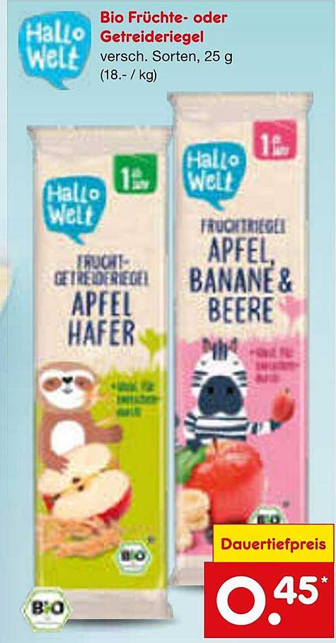 Bio Früchte- oder Getreideriegel, verschiedene Sorten, 25 g