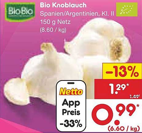 Bio Knoblauch Spanien/Argentinien, Kl. II - 150 g Netz