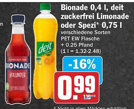 Bionade 0,4 l, deit zuckerfrei Limonade oder Spezi 0,75 l
