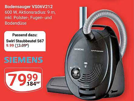 Bodensauger VS06V212 von Siemens – 600 W, inkl. Polster-, Fugen- und Bodendüse