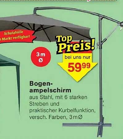 Bogen-Ampelschirm aus Stahl mit 6 starken Streben und praktischer Kurbelkonfunktion