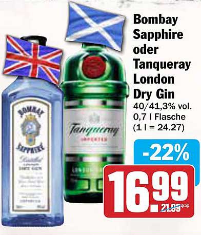 Bombay Sapphire oder Tanqueray London Dry Gin 0,7 l
