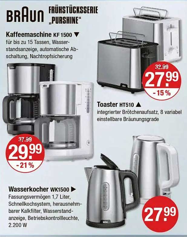 Braun Frühstücksserie "Purshine" - Kaffeemaschine KF 1500, Toaster HT510, Wasserkocher WK1500