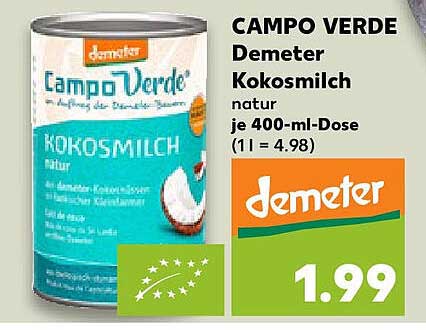 CAMPO VERDE Demeter Kokosmilch natur je 400-ml-Dose