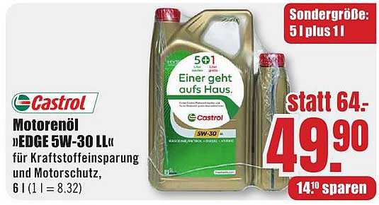 Castrol Motorenöl »EDGE 5W-30 LL« für Kraftstoffeinsparung und Motorschutz, 6 l