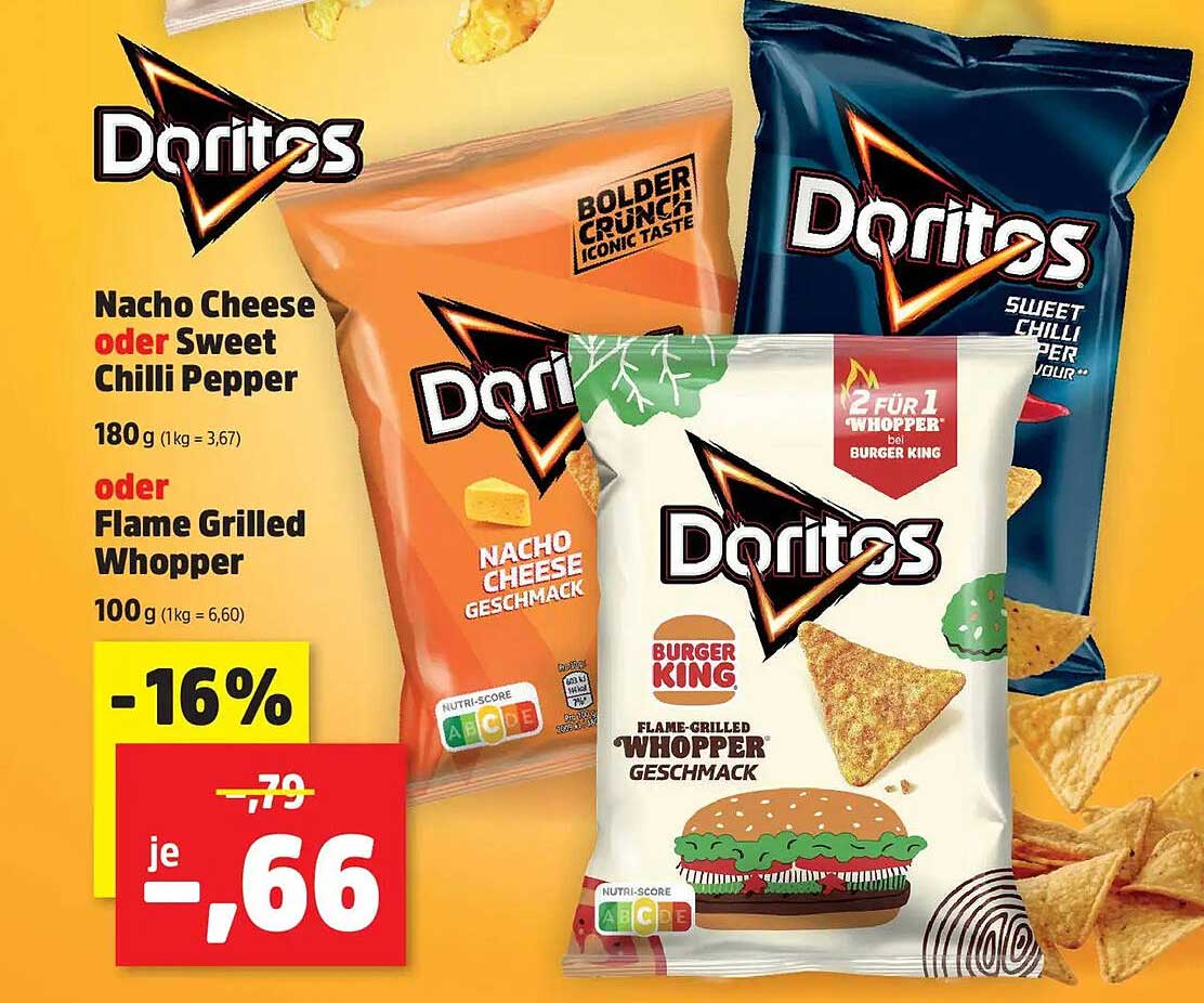 Doritos Nacho Cheese oder Sweet Chilli Pepper 180 g oder Flame Grilled Whopper 100 g