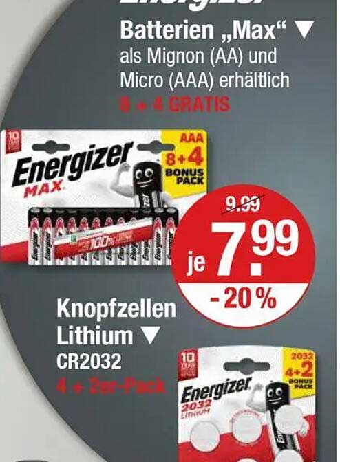 Energizer Batterien "Max" und Knopfzellen Lithium CR2032