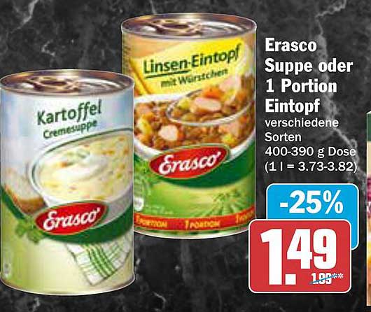 Erasco Suppe oder 1 Portion Eintopf verschiedene Sorten