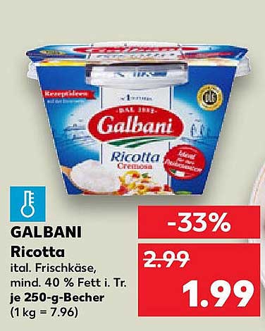 GALBANI Ricotta, ital. Frischkäse, mind. 40 % Fett i. Tr. je 250-g-Becher