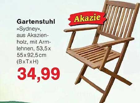 Gartenstuhl »Sydney«, aus Akazienholz, mit Armlehnen, 53,5 x 55 x 92,5 cm (B×T×H)