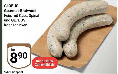 GLOBUS Gourmet-Bratwurst - Fein, mit Käse, Spinat und GLOBUS Kochschinken