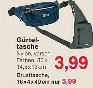 Gürteltasche - Nylon, verschiedene Farben, 33 x 14,5 x 13 cm nur 3,99