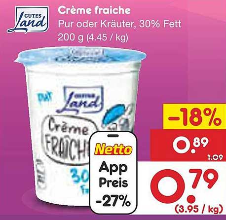 Gutes Land Crème fraiche, Pur oder Kräuter, 30% Fett, 200 g