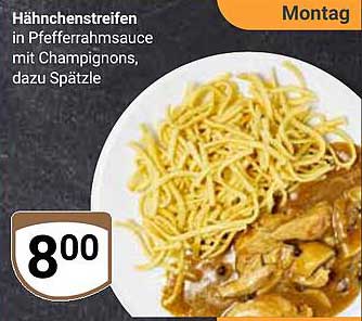 Hähnchenstreifen in Pfefferrahmsauce mit Champignons, dazu Spätzle