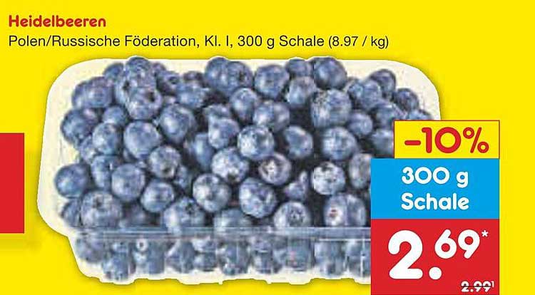 Heidelbeeren Polen/Russische Föderation, Kl. I, 300 g Schale (8.97 €/kg)