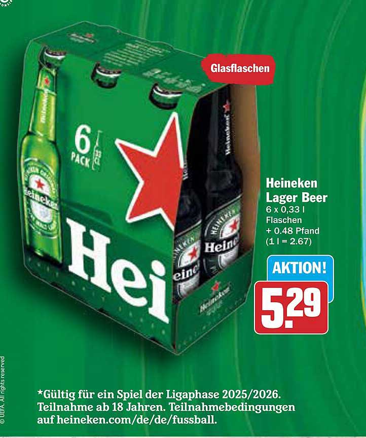 Heineken Lager Beer 6 x 0,33 l Glasflaschen