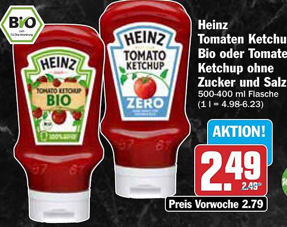Heinz Tomaten Ketchup Bio oder Tomaten Ketchup ohne Zucker und Salz 500-400 ml Flasche