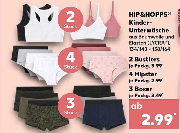HIP&HOPPS® Kinder-Unterwäsche aus Baumwolle und Elestan (LYCRA®)