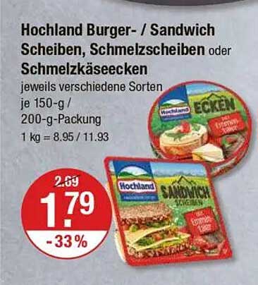 Hochland Burger-/Sandwich Scheiben, Schmelzscheiben oder Schmelzkäseecken