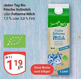 Jeden Tag Bio Frische Vollmilch oder Fettarme Milch 1,5 % oder 3,8 % Fett