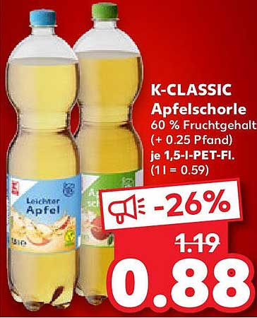 K-CLASSIC Apfelschorle 60% Fruchtgehalt - 1,5l PET-Flasche