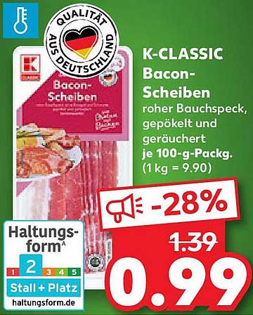 K-CLASSIC Bacon-Scheiben - roher Bauchspeck, gepökelt und geräuchert