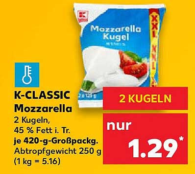 K-CLASSIC Mozzarella – 2 Kugeln für nur 1,29 €
