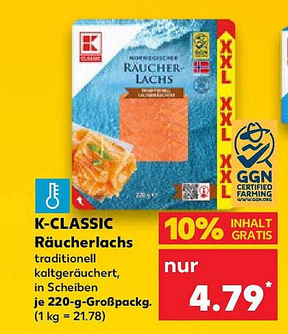 K-CLASSIC Räucherlachs traditionell kaltgeräuchert, in Scheiben je 220-g-Großpackung