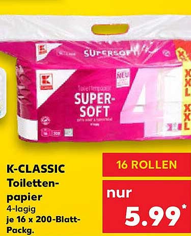 K-CLASSIC Toilettenpapier 4-lagig, 16 Rollen