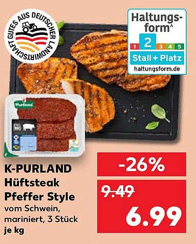 K-PURLAND Hüftsteak Pfeffer Style vom Schwein, mariniert, 3 Stück je kg