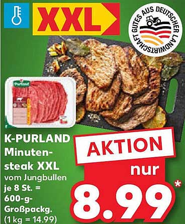K-PURLAND Minutensteak XXL vom Jungbullen, 600-g Großpackung