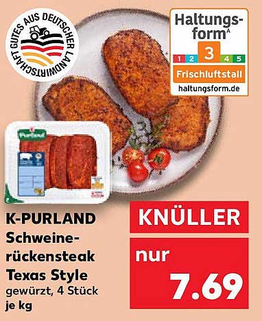 K-PURLAND Schweinerückensteak Texas Style, gewürzt, 4 Stück je kg