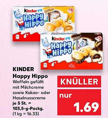 KINDER Happy Hippo Waffeln gefüllt mit Milchcreme sowie Kakao- oder Haselnusscreme