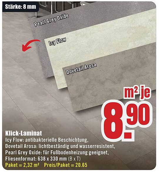 Klick-Laminat Icy Flow, Dovetail Arosa und Pearl Grey Oxide