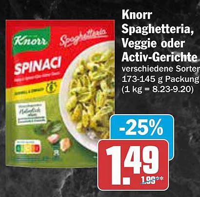 Knorr Spaghetteria, Veggie oder Activ-Gerichte 173-145 g - 25% Rabatt!