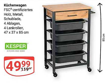 Küchenwagen FSC®-zertifiziertes Holz, Metall, Schublade, 4 Ablagen