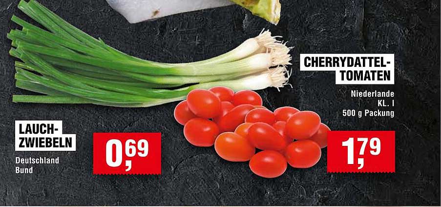 Lauchzwiebeln und Cherrydatteltomaten im Angebot
