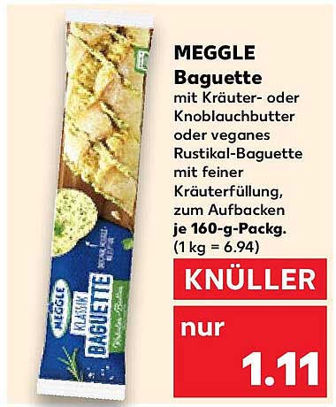 MEGGLE Baguette mit Kräuter- oder Knoblauchbutter oder veganes Rustikal-Baguette