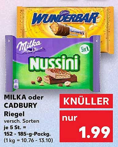 MILKA oder CADBURY Riegel – verschiedene Sorten